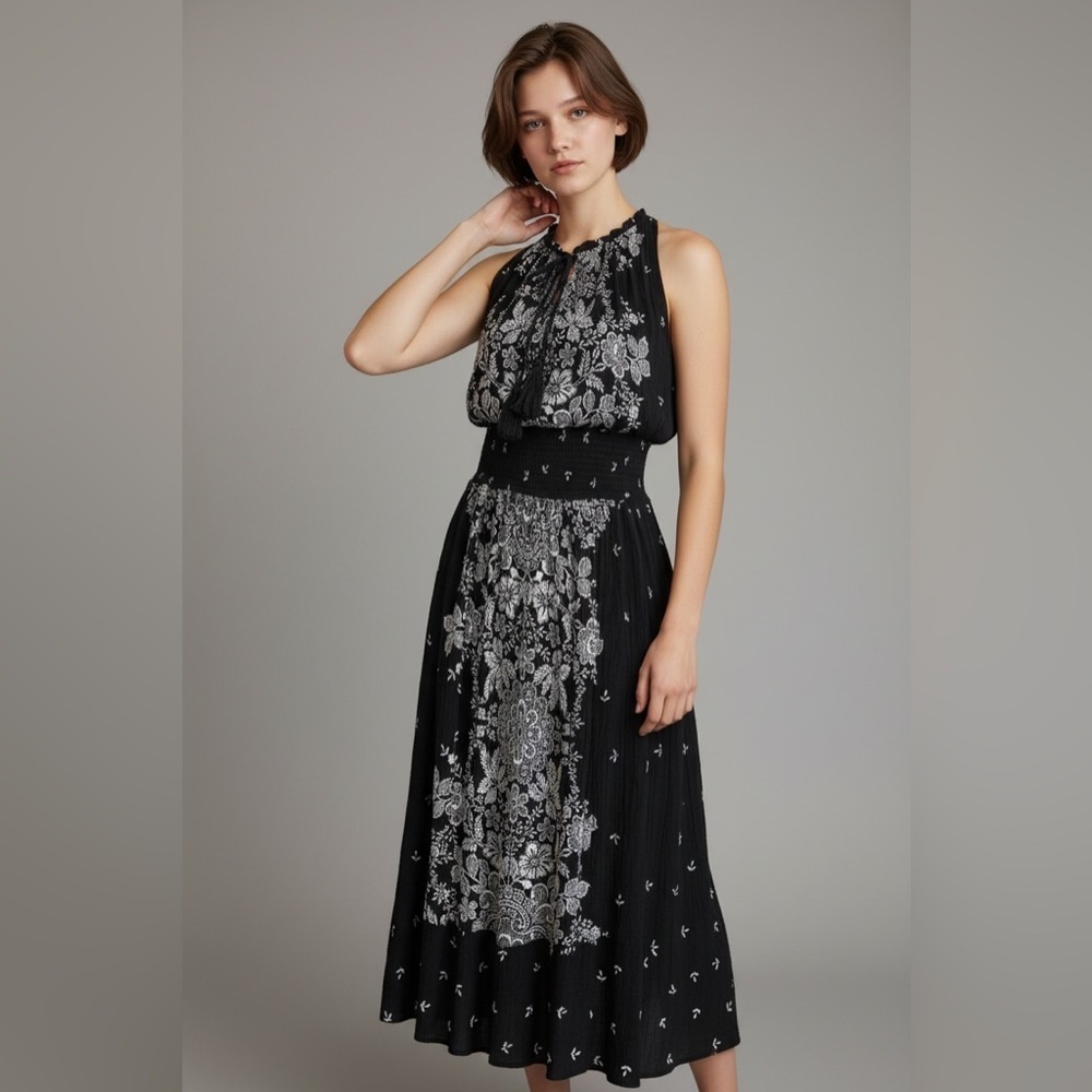 BILA dress, black and white, blouson sz L, sleeveless, crinkle crepe fabric,.